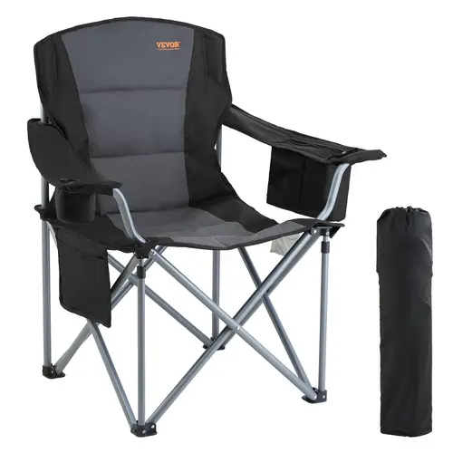 VEVOR Lightweight Foldable High Back Chair for Adults, 350lb Heavy Duty Abrasive & Heat Resistant Oxford Cloth-Cotton, 0.7mm Rust-resist Steel, Lumbar Pad, Armrests, Pockets, Cup Holder, Cooler Bag Ready for Hiking, Beach, Black, Tool Upgrade