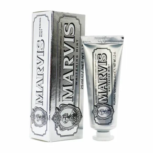 Marvis Whitening Refreshing Mint Toothpaste, 0.8oz (25ml) Gentle Oral Care with Fluoride Boost, Anti-Plaque, Prevents Cavities, Brightens Teeth, 12-Month Storage, Ideal for Daily Use for Fresh Breath