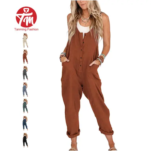 Tanming Women's Linen Cotton Overalls - Sleeveless, Casual Loose Jumpsuits with Adjustable Straps, Pockets, Button Closure, Rust Summer Outfits for Women's Clothes,summerwins,summeroutfits,vacationoutfits,bathingsuitwomenset,beachoutfits