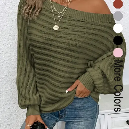 Women's Textured Asymmetrical Neck Loose Sweater, Casual Long Sleeve Batwing Sleeve Jumper for Daily Outdoor Wear, Ladies Knit Top for All Seasons