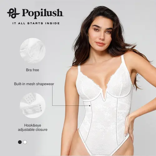 POPILUSH Women's Shapewear Bodysuit - Deep V-Neck, Sleeveless, Low-Back Lace, Comfortable Minimalist Basic Top for Body Shaping, Belly Shaping, Body Contouring Needs, Shapewear For Women