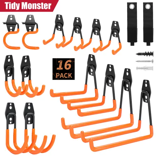 16 Pack Garage Hooks Heavy Duty Organization for Tools Wall Mount Utility Hook Garage Hanger Storage Hooks with 2 Extension Cord Straps Shed Organiser