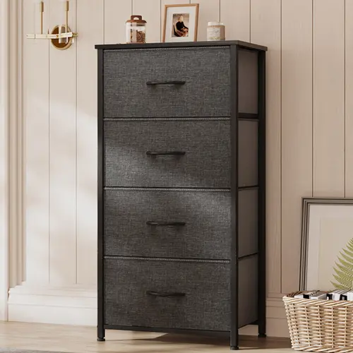 Yitahome Storage Tower with 4 Drawers - Fabric Dresser, Organizer Unit for Bedroom, Living Room, Closets & Nursery - Sturdy Steel Frame, Easy Pull Fabric Bins & Wooden Top (Black/Grey)