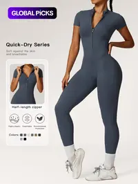 Women's Solid Zipper Mock Neck Sports Jumpsuit, Summer Outfits 2024, Casual Sporty High Waist Quick Drying Jumpsuit for Yoga Gym Workout, Ladies Summer Sportswear, Skinny Fit Jumpsuit, Summer Jumpsuits