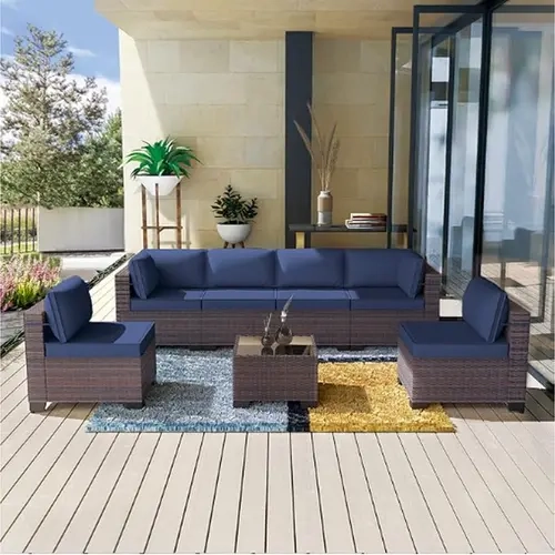 [3 packages delivery]  Kullavik Modern Outdoor Wicker Sofa Set PE Rattan Sectional 7 Pieces Patio Furniture - Brown All-Weather Conversation Set for Porch, Pool Deck, Garden Lounge