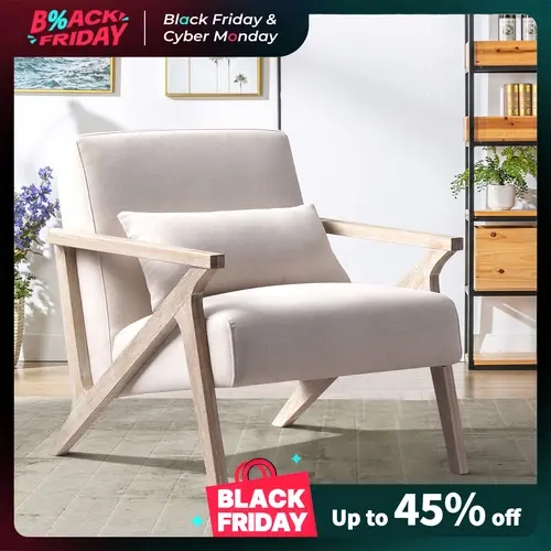 [TikTokShopBlackFriday]EBELLO Mid-Century Modern Upholstered Fabric Lounge Chair, Wood Frame with Waist Cushion, Classic Modern Living Room Furniture for Bedroom Apartment, Easy Assembly, Beige