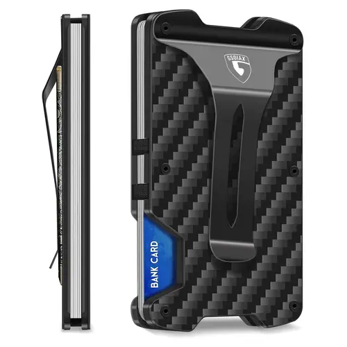 GSOIAX Clean Minimalist Men's Aluminum Metal Wallet for Men - Anti-Theft RFID Blocking Bifold with Thin Carbon Fiber Casing, Scratch-Resistant Rigid Money Clip, Gift Box-Included for BF