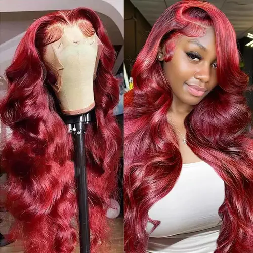 BLING HAIR Women's Burgundy Luxury 13x6 Frontal Lace Human Hair Wig, Long Body Wave Brazilian, 180% Density, Heat Resistant, 30-36 Inch Body Wave Wigs for Soft Natural Look, Lace Front Wig, Brazilian Hair