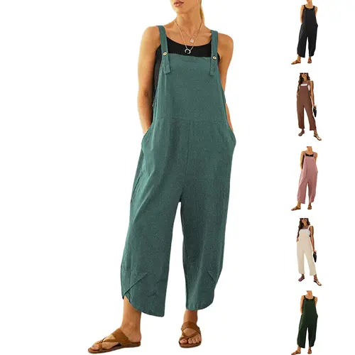 Tanming Womens Loose Overalls Button Straps Jumpsuit Cross Hem Wide Leg Romper with Pockets Sleeveless Casual Summer Work School Vacation Outfits Clothing