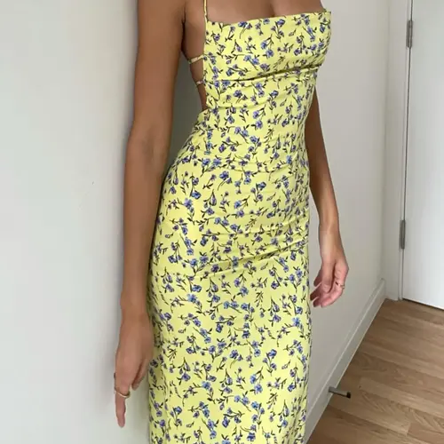 Women's Ditsy Floral Print Backless Split Thigh Cami Dress, Summer Outfits 2024, Casual Tie Back Halter Neck Long Dress for Summer, Fashion Women's Dress for Beach Holiday, Casual Wear