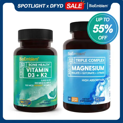 BioEmblem 3-in-1 Triple Magnesium Complex + Vitamin D3 Dietary Capsules - High Potency Healthcare Supplement, Kosher & Halal, Lab-Tested Stages, MK7-MK4 Mix with MK-7 Stays Active, Blended Vitamins & Minerals, Bone Health Support