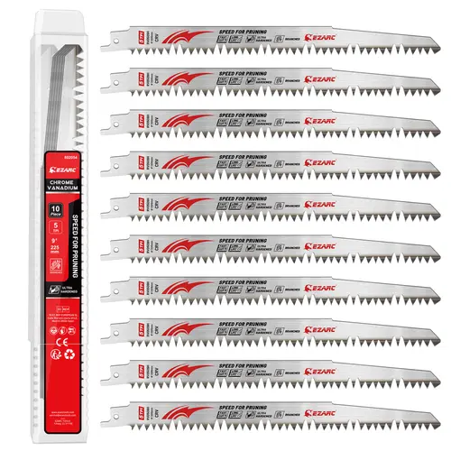 EZARC 9-Inch Wood Pruning Reciprocating Saw Blades (10-Count, Grey Steel) - Porter Cable Compatible, 5 TPI Staggered Fleam Ground Hardened Teeth, Deep Gullet Power Tool for Tree Trimming, Wood/Wet Cutting, Father's Day Gift (Handles Plastic)
