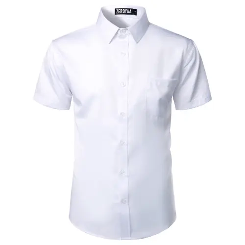 ZEROYAA Men's Slim Fit Short Sleeve Button-Up Dress Shirt - Urban Casual Chic Fashion, Simple Design, Pocket Detail, Premium Fabric, Beige & Purple