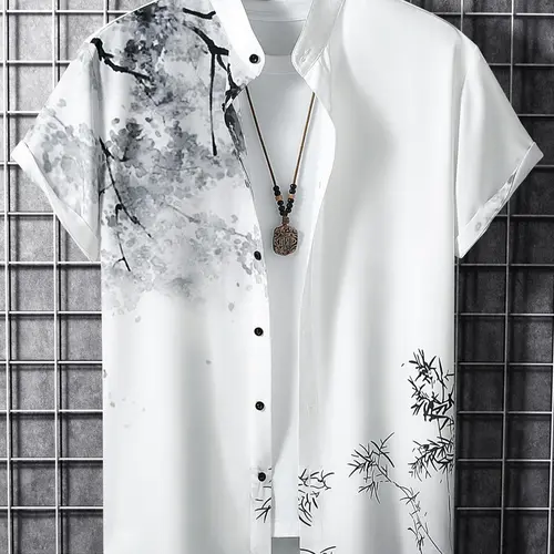 Men's Casual Floral Print Button Front Shirt, Short Sleeve Stand Collar, Spring Summer Fashion, Comfortable Daily Wear Button Up