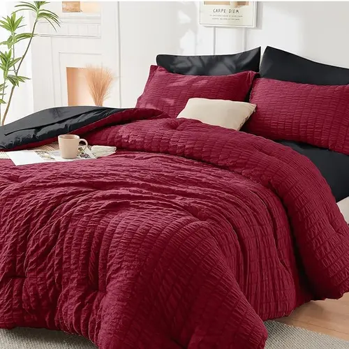 7-Piece Red & Black Seersucker Abstract Bedding Set - Quilt Bedspread, Queen Sheet, Daily Elegance, All-Season Hotel Quality, Wrinkle Resistant Easy Care, 12-15in Deep Fit Mattress, Includes Comforter, Sheets, Pillowcases & Shams