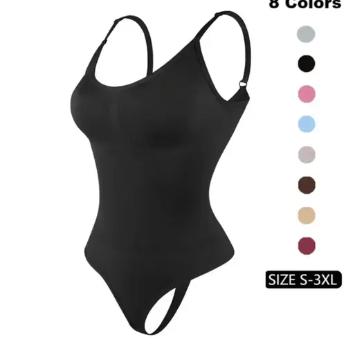 Women's Solid Basic Spaghetti Strap Adjustable Strap Backless Underwear Shapewear Bodysuit, Casual Shapewear Top Comfy Seamless Smooth Tummy Control Butt Lifting Bodysuit for Daily Wear, Ladies Shapewear for All Seasons, Black