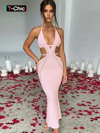 Women's Plain Cut Out Tie Back Cami Sleeveless Bodycon Long Dress, Sexy Backless Halter Neck Dress for Parties, Clubs and Dating, Ladies Summer Homecoming Clothes