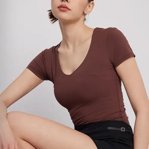 PUMIEY Snatched V Neck Fitted T-Shirt, Double Layer Not See-Through, Buttery Soft Stretch Tee, Minimal Everyday Essential summerwins