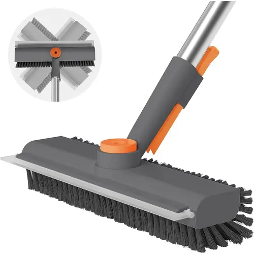 AIR U Floor Scrub Bathtub Brush 360° Rotatable with Squeege Long Handle 3 in 1 Scrape and Heavy-Duty Stiff Bristle Scrubber Brush for Cleaning Shower Bathroom Patio Garage Kitchen Wall and Deck Cleaning Supplies for Home Essential Items