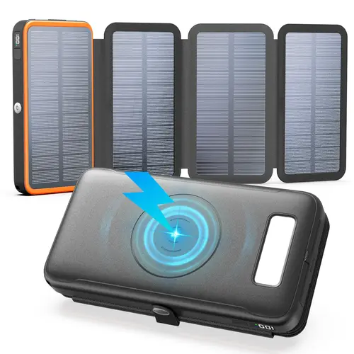 Hiluckey 27000mAh High Capacity Battery Power Bank Charger - 4 Solar Panels, 4 Outputs, 22.5W Fast Charging, Rechargeable Battery Powered Multifunctional Emergency Pack with Flashlight for Smartphones (Back to School, Cells)