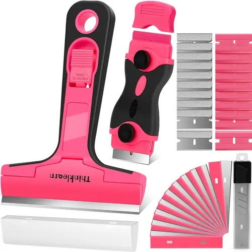 THINKLEARN Plastic Stove Scraper & Sticker Removal Tool Kit - 2pcs Double Ended Pink Flex-Bladed Scrapers (2 Sizes), 40 Replacement Covered Blades for Adhesive, Glass, Countertops, Corner-Reach Tool with Safer Carry