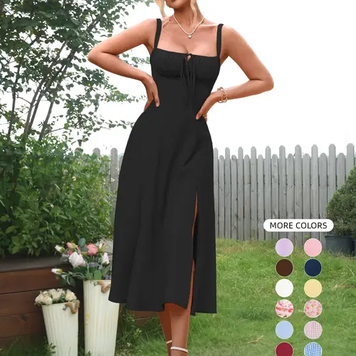 Parthea Women's Plain Ruched Boning Corset Milkmaid Dress, Lace Up Dress, Party Dress, Fit, Tie Front Dress, Aesthetic Square Neck Midi Dress, Dresses for Women, Frenchy Style Non Bodycon Dress Christmas, Formal Dresses, Adjustable Straps