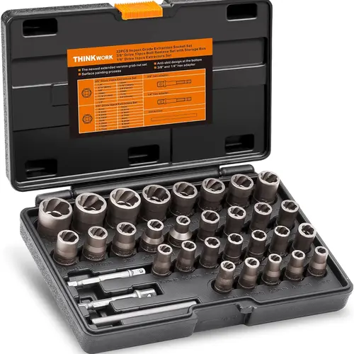THINKWORK Upgrade Bolt Extractor Set, 32 Counts Impact Bolt & Nut Remover Set, Stripped Lug Nut Remover for Removing Damaged, Frozen, Rusted Universal Impact impact bolt