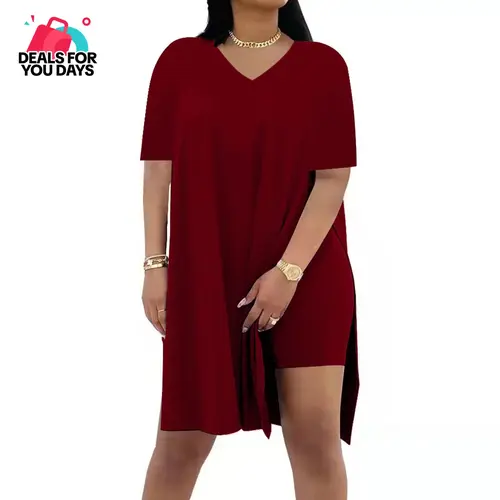 Women's 2-Piece Spandex Crop Top & Biker Shorts Set - V-Neck Oversized Split Hem Crop Top, High Waist Bodycon Above-the-Knee Biker Shorts, Comfy Loungewear for Evening Party Events