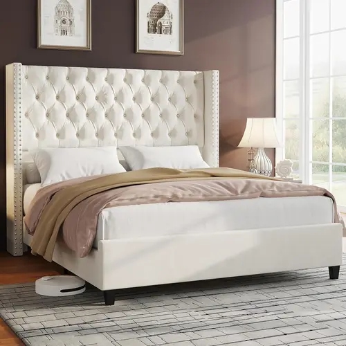 AMERLIFE Queen Modern Velvet Platform Bed Frame - Apartment Furniture, 51.6" Tall Long Wingback Headboard with Double Pleat & Deep Buttons, Padded High Profile, Silent Soundproof EVA Strip, No Box Spring Needed, Sturdy Wood Slats, Easy Assembly Required