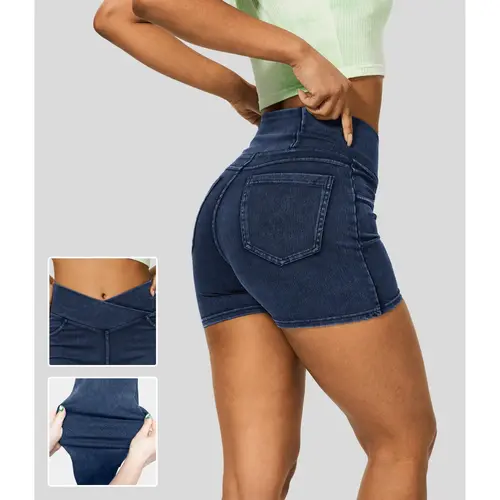 Halara Flex High Waisted Crossover Back Side Pocket Stretchy Knit Denim Casual Shorts 3"
