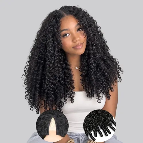 Tahikie V Part Burmese Curly Wig Human Hair Upgraded V Part Real Hair Wig Minimal No Sew in No Glue Glueless Afro Kinky Natural Black Brazilian High-Quality 100% Human Hair Beginner Friendly #tiktokshopstockup