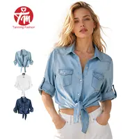 Tanming Womens Denim Tie Front Shirt 3/4 Roll Up Sleeve Button Down Cropped Chambery Blouse with Pockets Casual Summer Spring Back to School Work Beach Outfits Clothing
