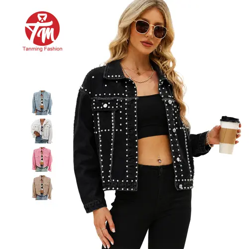 Tanming Womens Studded Denim Jacket Long Sleeve Button Down Pearl Rivet Jean Coat with Pockets Casual Fall Spring Concert Festival School Streetwear Outfits Clothing