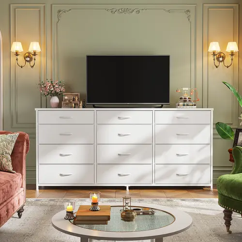 Raybee Modern Drawer Dresser Cabinet - 12 Fabric Classified Drawers, Sturdy Wooden Frame with Metal Support, 6-Point Support System, Large Storage Space, Silent Glide Rails, Sliding Door, Assembly Required, Indoor Bedroom Living Room Cupboard Furniture, M