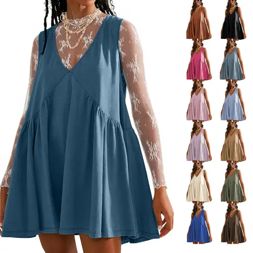 UANEO Women's V-Neck Tank Cotton Stretchy Sundress Fall Sleeveless A-Line Mini Dress Casual Loose Dresses with Pockets Minimalist Outfits