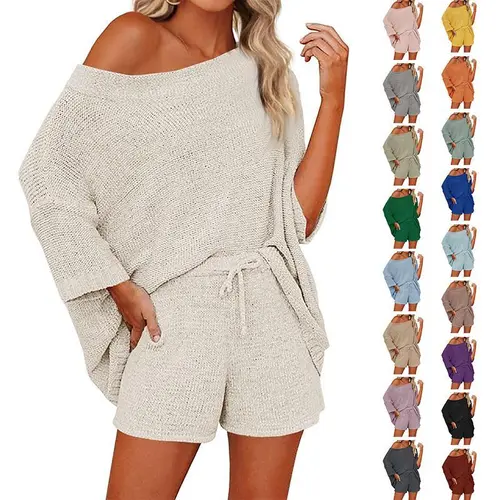 Imily Bela Women's 2 Piece Outfits Sweater Sets Off Shoulder Knit Top Shorts Matching Suits Cute Pajama Lounge Set