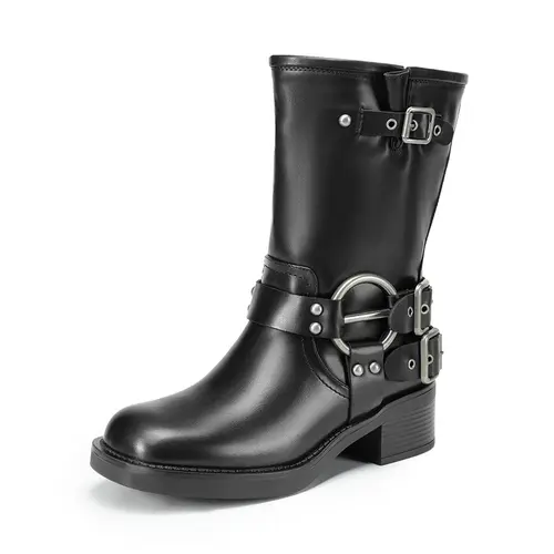 Dream Pairs Women's Leather Moto-Inspired Biker Rider Mid-Calf Straight-Cut Boots - Casual Slip-On Footwear Fashion, Adjustable Buckle Strap, Low Heel (1-3 cm) Walking Shoes for Alternative Baddie Aesthetic