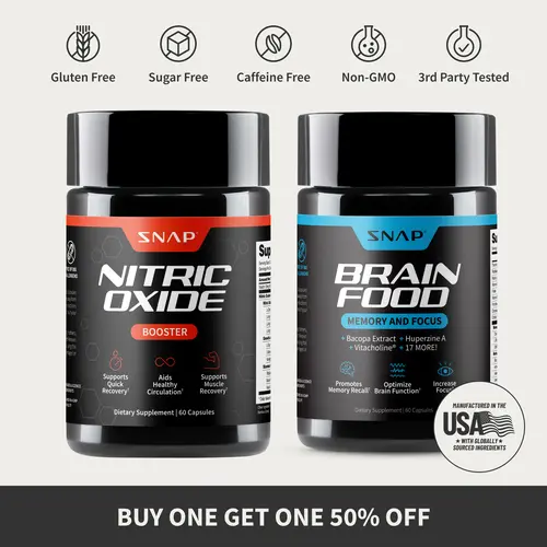 Snap Supplements - Nitric Oxide Booster 60ct + Brain Food Bundle - Natural Supplements