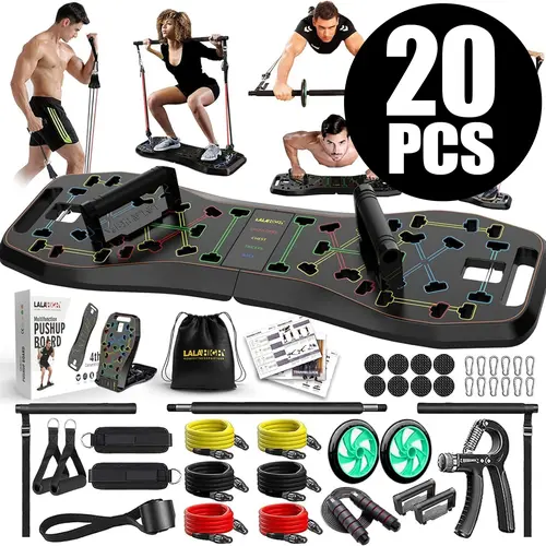 LALAHIGH Portable Home Gym System: Large Compact Push Up Board, Pilates Bar & 20 Fitness Accessories with Resistance Bands & Ab Roller Wheel - Full Body Workout for Men and Women, Gift for Boyfriend