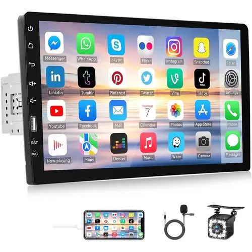 SummerVibes 9" HD Touch Screen Single Din Fit Car Stereo - Phone Mirror Link Sync, Bluetooth Handsfree Calls, 15m IR Night Vision IP67 Waterproof Backup Camera, External Microphone, FM MP5 Player, SWC, USB, EQ Audio Receiver