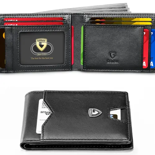 GSOIAX Men's 100% Leather Bifold Wallet - Durable, Business Style, RFID Blocking, 0.8in Slim, Pocket Clean, Airport-Friendly, Compact, Everyday Carry, Ideal Husband Birthday Gift, Durable Bifold Wallet