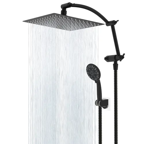 Hibbent All-Metal Rust-Resist Steel 10in High-Pressure Rainfall Shower Head Ensemble, 7 Spray Modes Handheld Combo, 16in Arc Lift Adjustable Extension Arm, 71in Hose, Adhesive Holder, Bathroom Accessory for Baby Bath