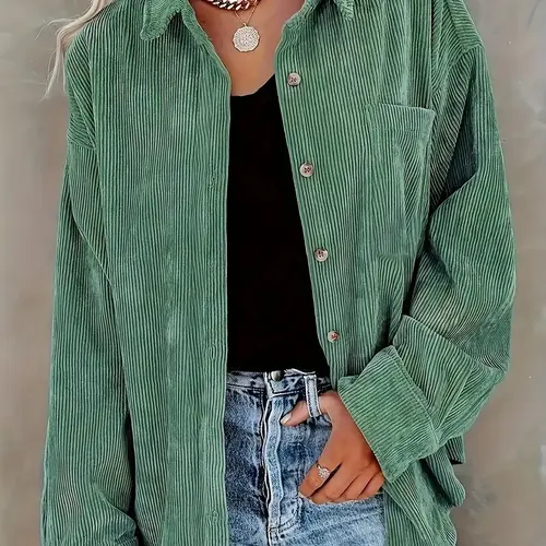【Black Friday】Women's Corduroy Lightweight Button Collared Blouse With Pocket, Long Sleeve Loose Fit Oversize Drop Shoulder Casual Everyday Style for Spring & Fall