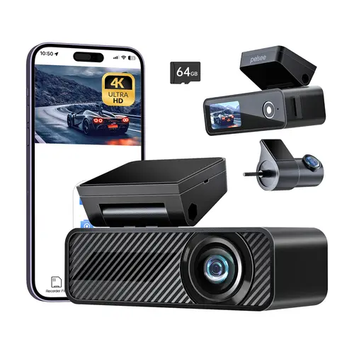 Pelsee P1 Duo 4K Dash Cam Front and Rear, 64GB SD Card, 4K+1080P Car DVR, Wi-Fi & App Control, 1.5’’IPS Display Car Camera, Voice Control, Night Vision, 24H Parking Mode, G-Sensor
