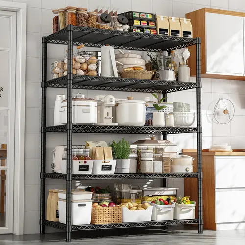 Raybee 5-Tier Adjustable Metal Storage Shelf - Heavy-Duty Commercial Grade Utility Racks, Oxidation Resistant Expandable Rectangular Organizer with Anti-Tipping Design, 200lbs Single-Layer Capacity Freestanding Rack for Kitchen, Garage Organization