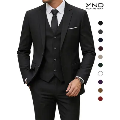 YND Men's 3 Piece Suit Set with Tie for Wedding Prom Business, Formal Groom Tuxedo Set with Vest Pants Beige Black