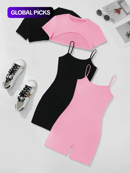 Four-Piece Set Women's Solid Round Neck High Low Crop Tee & Spaghetti Strap Cami Romper, Casual Short Sleeve Super Crop Top & Sleeveless Bodycon Romper, Cute Summer Outfit Womenswear