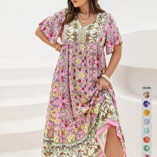 Plus Size Patchwork Floral Print Tie Neck Contrast Lace Ruffle Hem Long Dress, Boho Butterfly Sleeve Smock Dress, Ladies Summer Clothes for Vacation