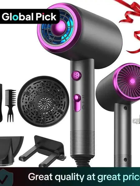 Powerful Ionic Hairdryer Kit, Hair Dryer With Diffuser, Concentrator, 3 Comb, Hanging Rack, Manual, Multifunctional, Professional Styling Tool, Frizz Reduction