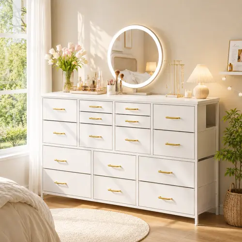 【Dealsforyoudays】Raybee 51" Bedroom Dresser - 16 Drawers, Sturdy Heavy-Duty Metal Frame & Wood Top, Modern Multifunctional TV Stand & Home Decor, Large-Capacity Storage for Bedroom, Living Room